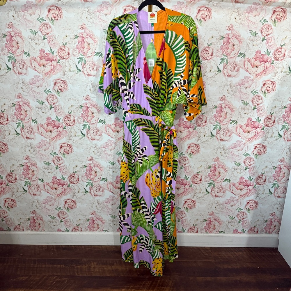 NWT Farm Rio Mixed Striped Bananas Wrap Maxi Dress size L - Picture 2 of 7